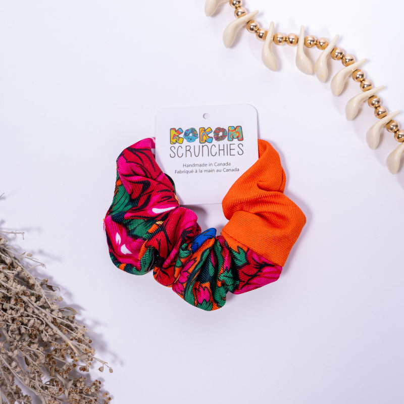 Colorful scrunchies with a 'kokom Scrunchies' tag on a white background