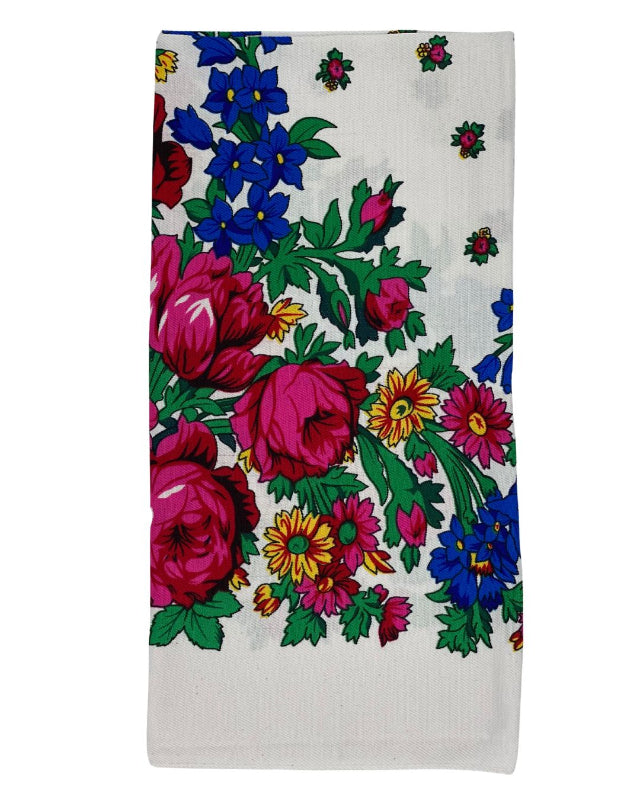 Floral patterned scarf with colorful flowers on a white background