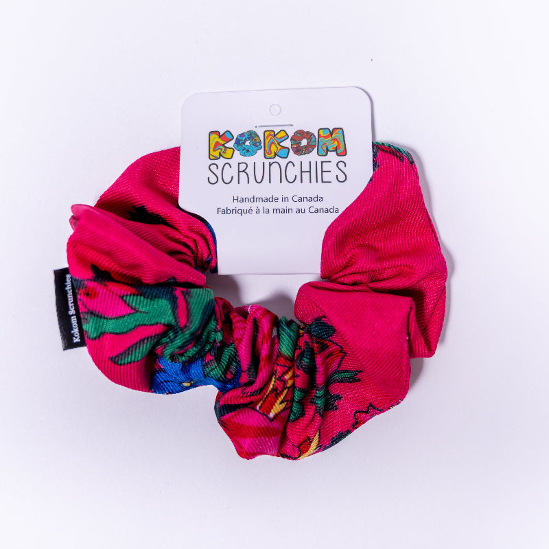 Colorful scrunchies on a white background with 'Kokom Scrunchies' label.