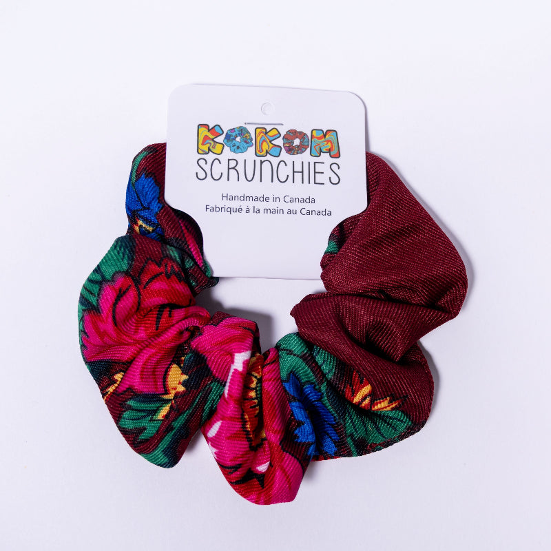 Colorful scrunchies on a white background with 'Kokom Scrunchies' label.