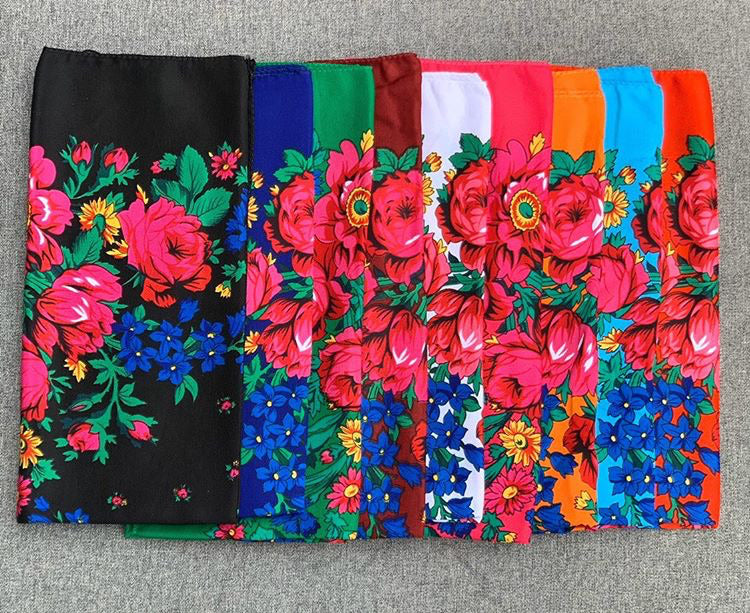 Kokom scarves of all colours, black, royal blue, green, burgundy, white, pink, yellow, light blue, red. all with floral pattern